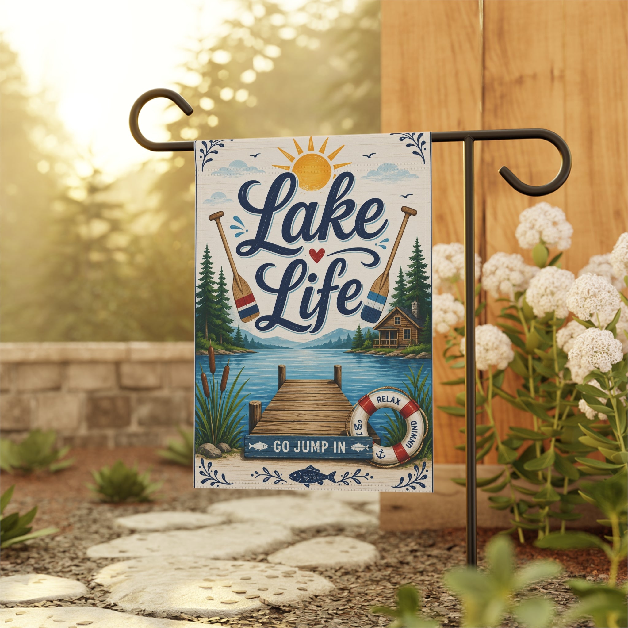 Lake Life Garden Flag — "Lake Life" Dock Scene House & Garden Banner
