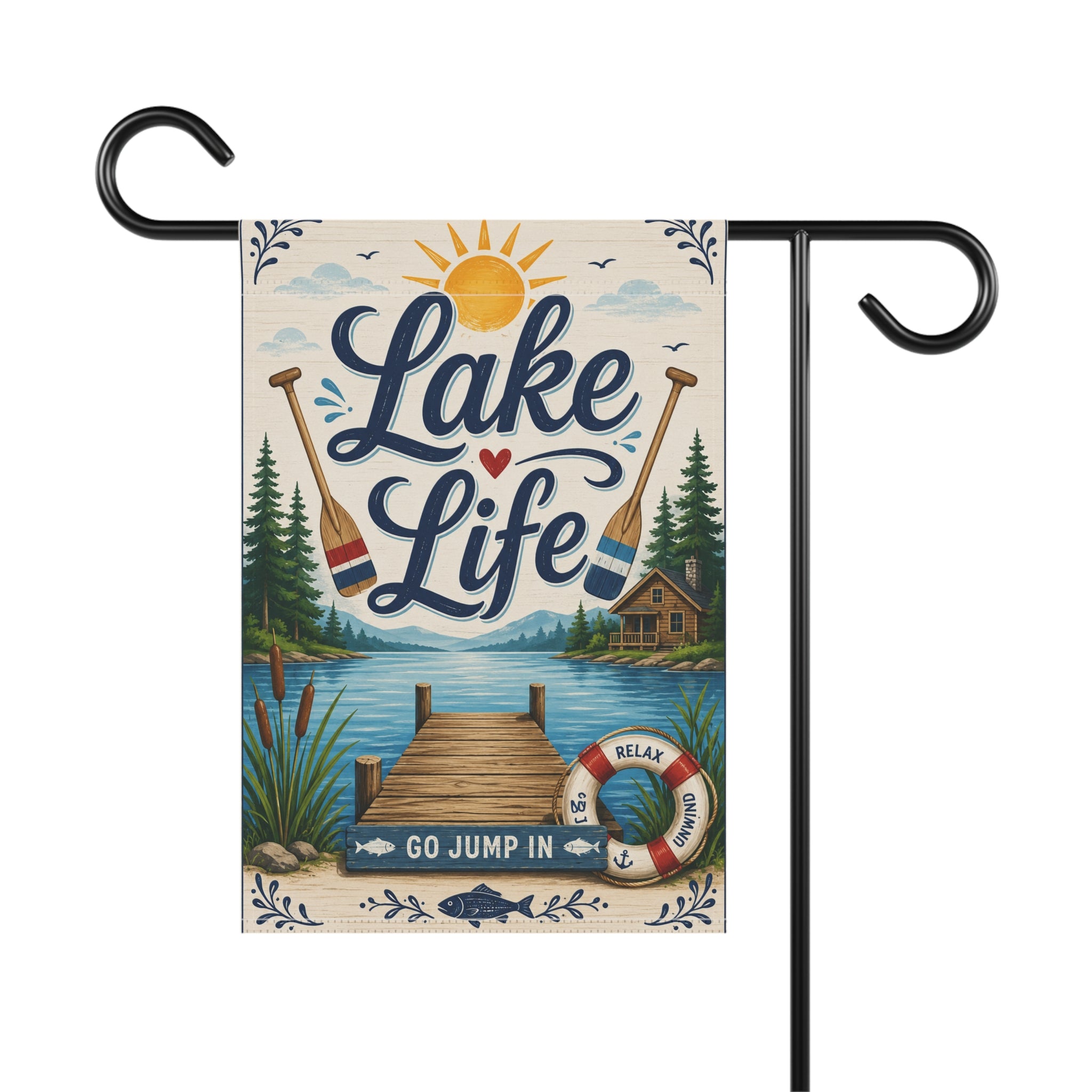 Lake Life Garden Flag — "Lake Life" Dock Scene House & Garden Banner
