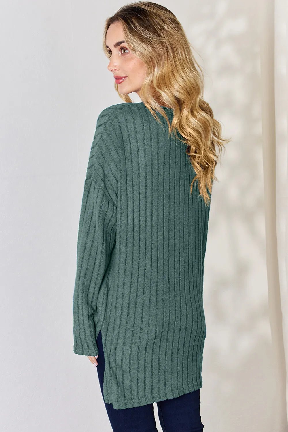 Basic Bae Full Size Ribbed Half Button Long Sleeve High-Low T-Shirt by Trendsi