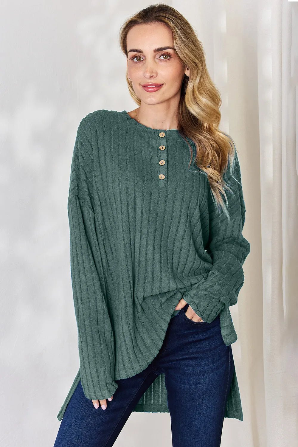 Basic Bae Full Size Ribbed Half Button Long Sleeve High-Low T-Shirt by Trendsi