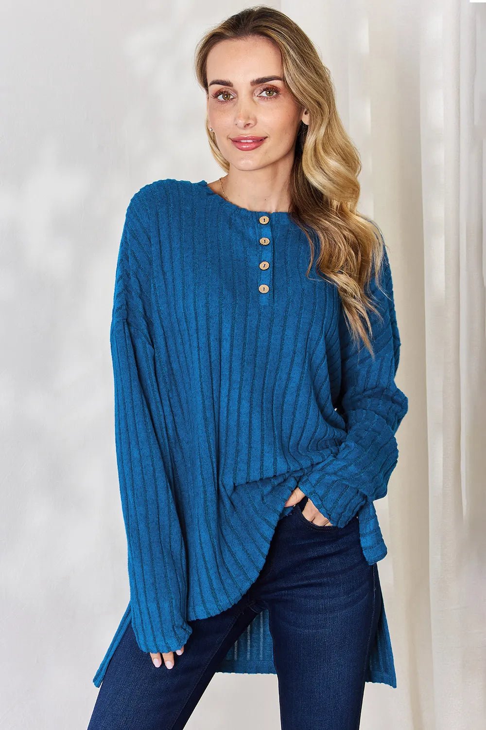 Basic Bae Full Size Ribbed Half Button Long Sleeve High-Low T-Shirt by Trendsi