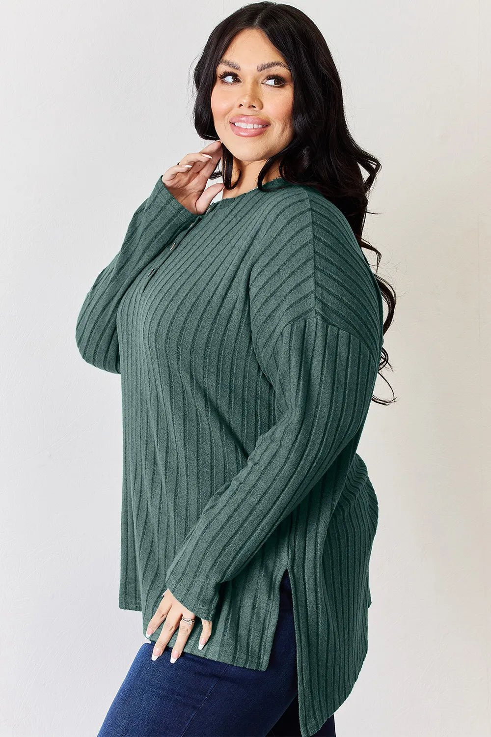 Basic Bae Full Size Ribbed Half Button Long Sleeve High-Low T-Shirt by Trendsi