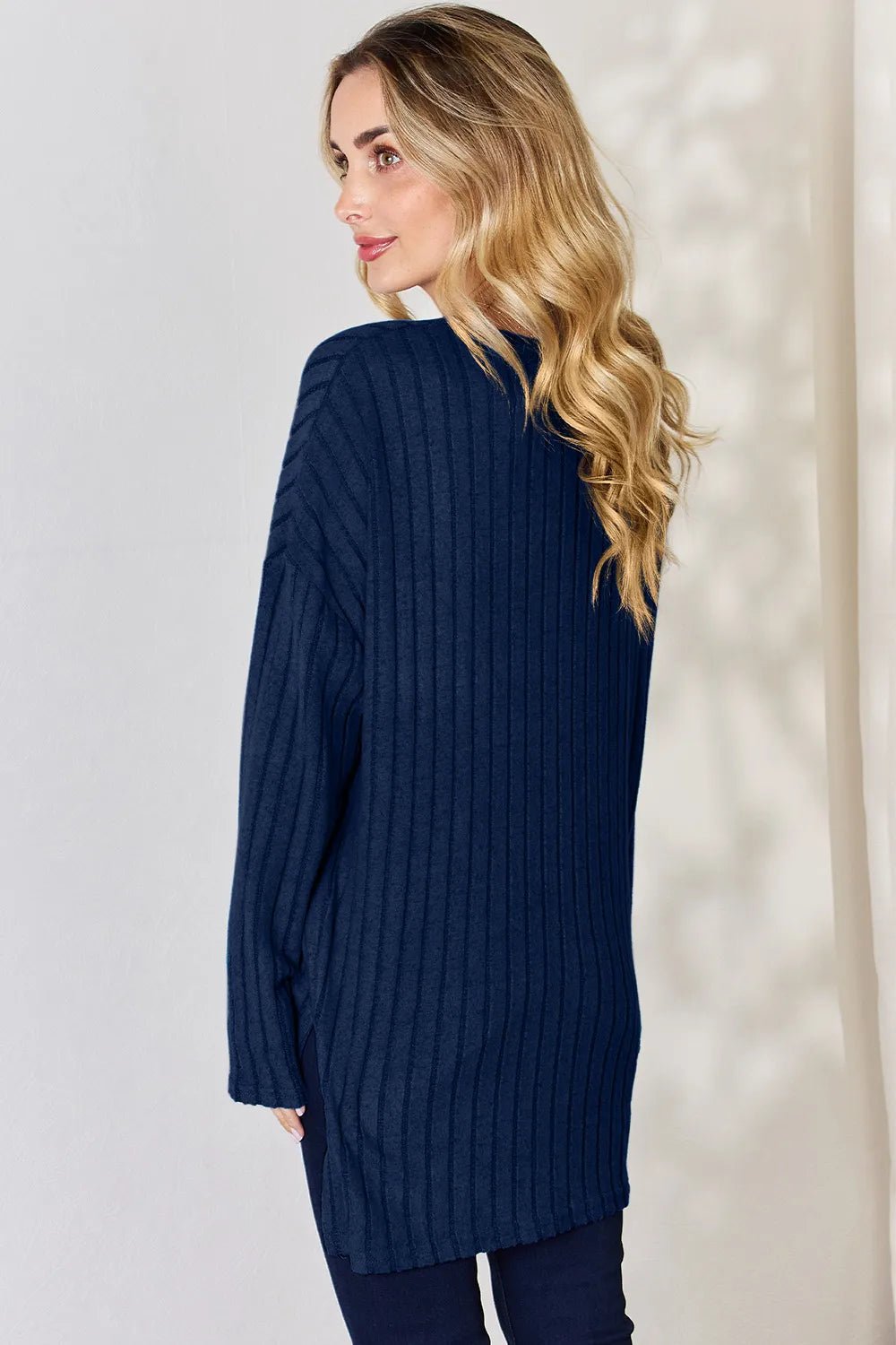 Basic Bae Full Size Ribbed Half Button Long Sleeve High-Low T-Shirt by Trendsi
