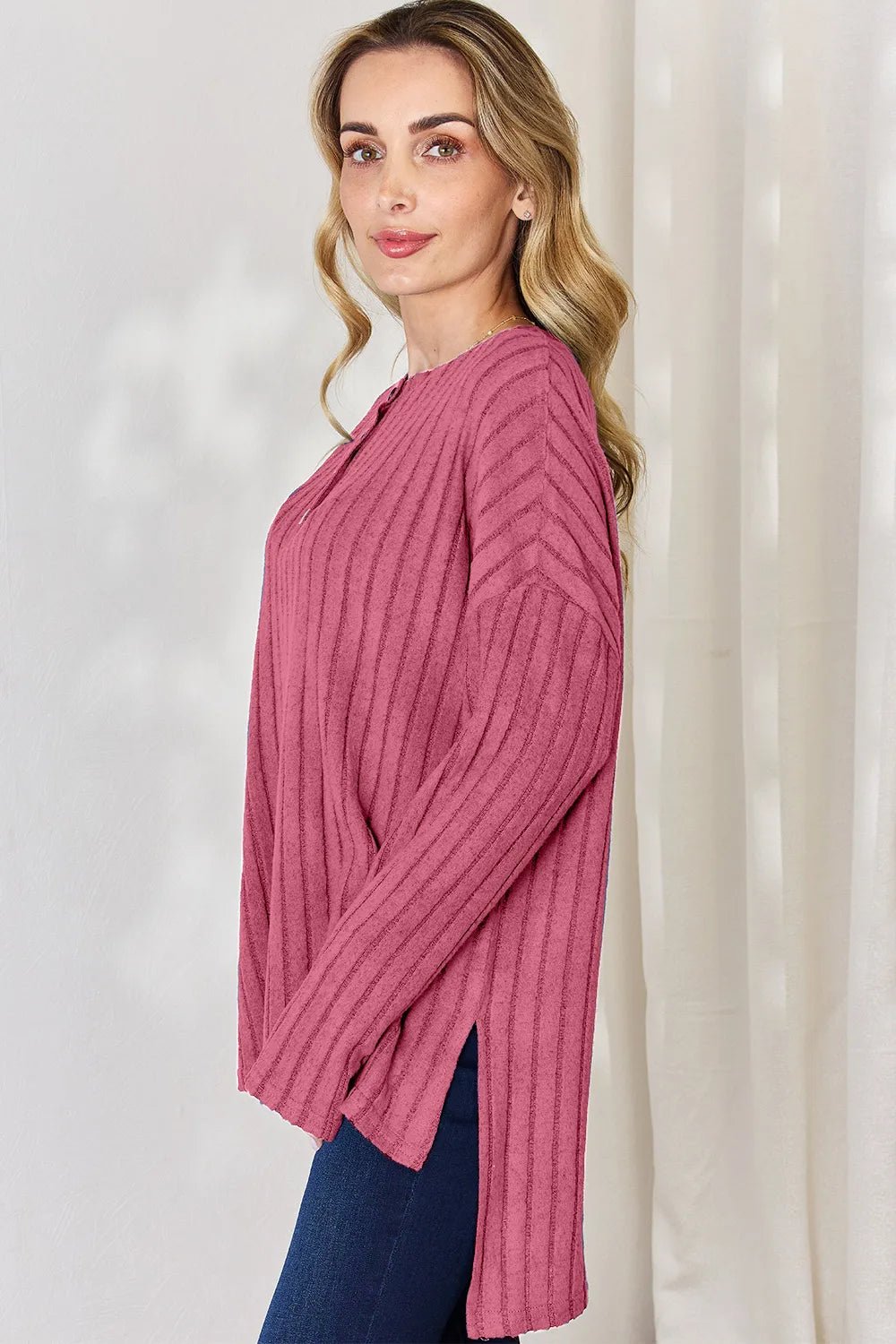 Basic Bae Full Size Ribbed Half Button Long Sleeve High-Low T-Shirt by Trendsi