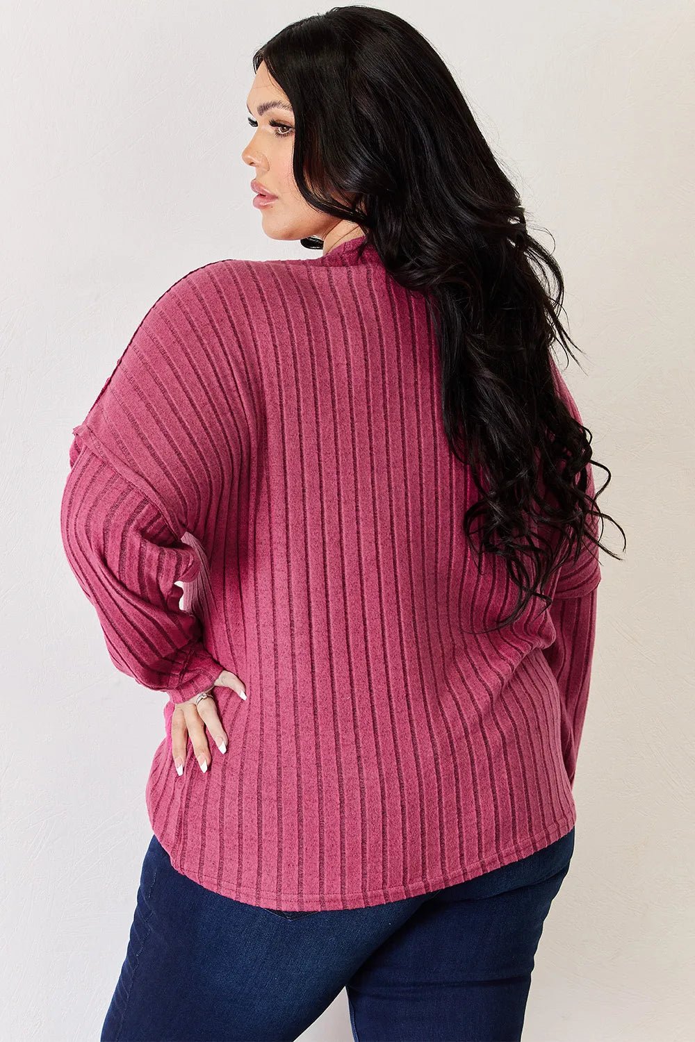 Basic Bae Full Size Ribbed Half Button Long Sleeve High-Low T-Shirt by Trendsi
