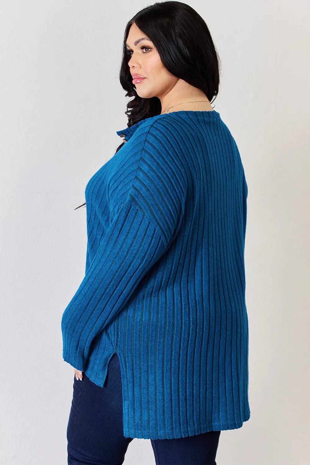 Basic Bae Full Size Ribbed Half Button Long Sleeve High-Low T-Shirt by Trendsi