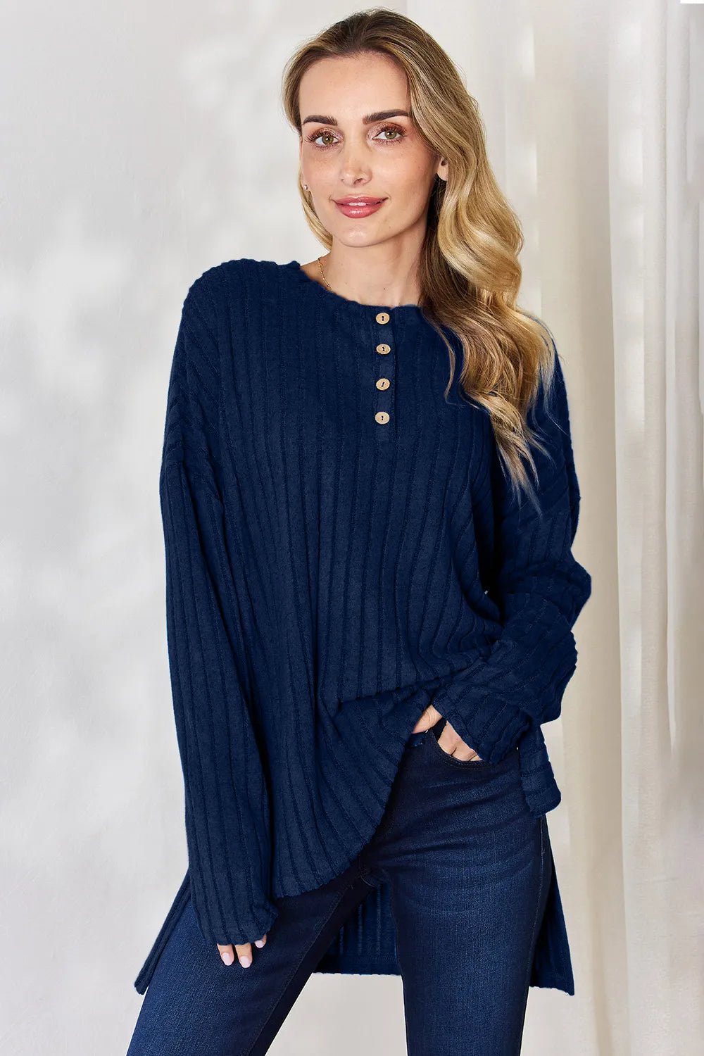 Basic Bae Full Size Ribbed Half Button Long Sleeve High-Low T-Shirt by Trendsi