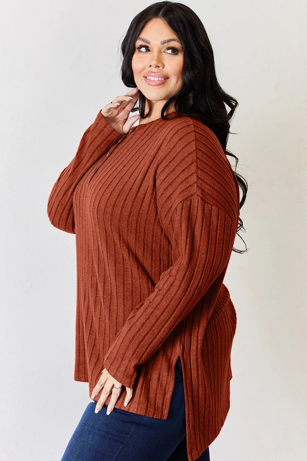 Basic Bae Full Size Ribbed Half Button Long Sleeve High-Low T-Shirt by Trendsi