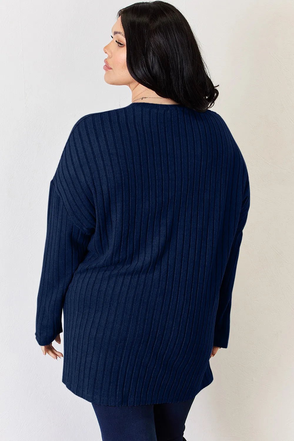 Basic Bae Full Size Ribbed Half Button Long Sleeve High-Low T-Shirt by Trendsi