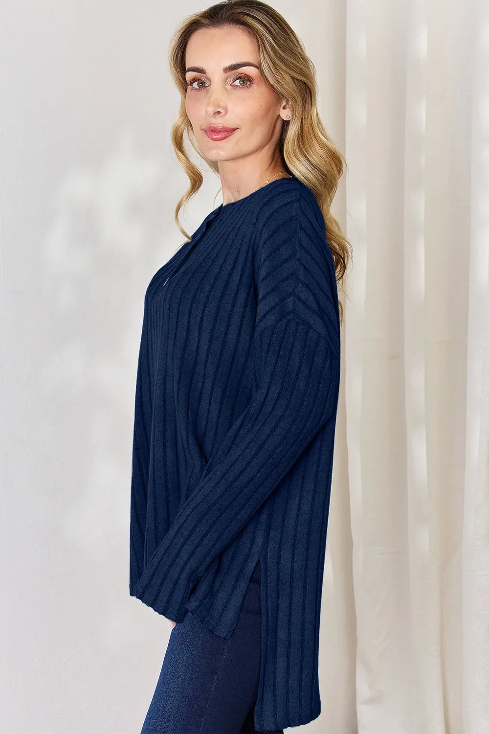 Basic Bae Full Size Ribbed Half Button Long Sleeve High-Low T-Shirt by Trendsi