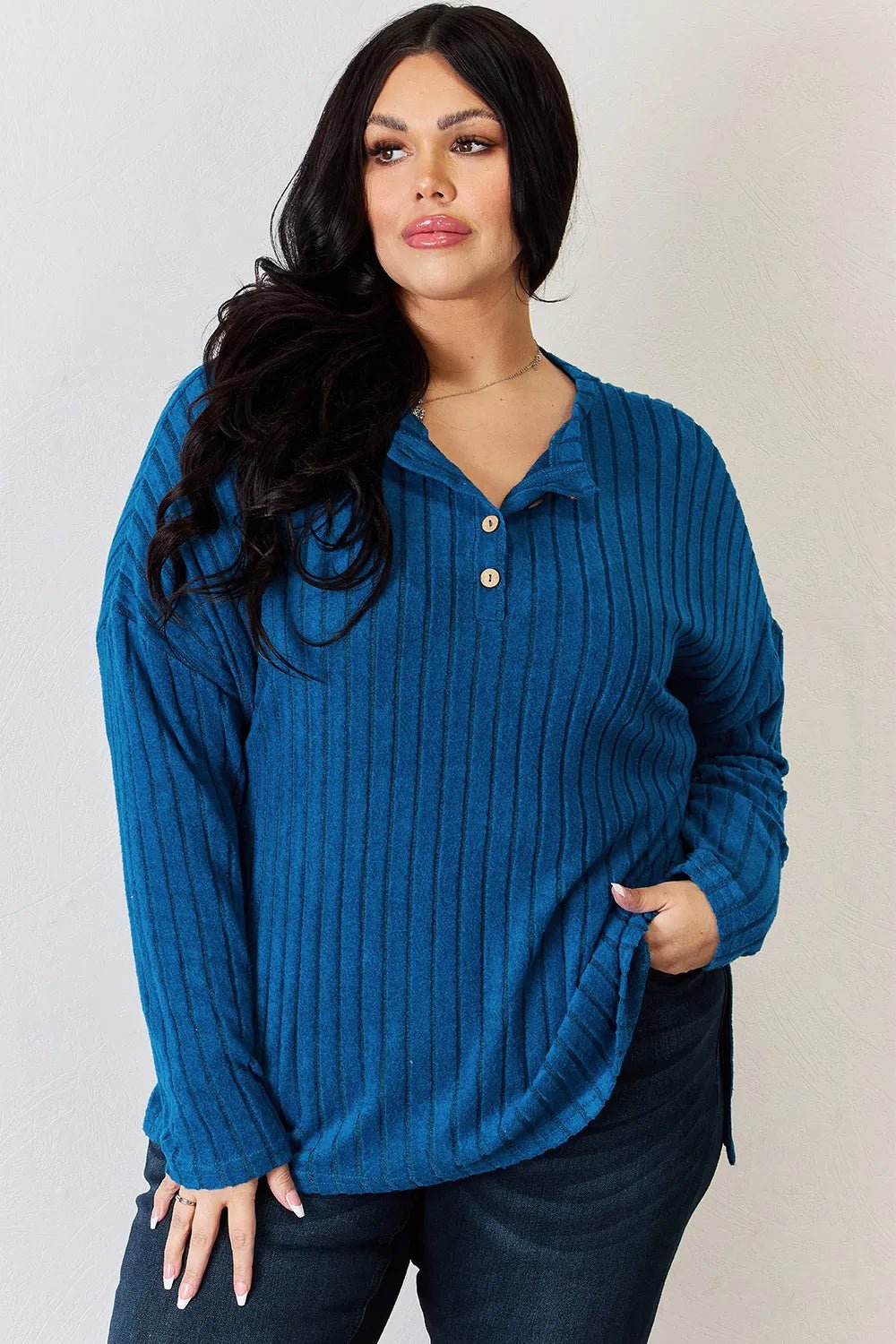 Basic Bae Full Size Ribbed Half Button Long Sleeve High-Low T-Shirt by Trendsi