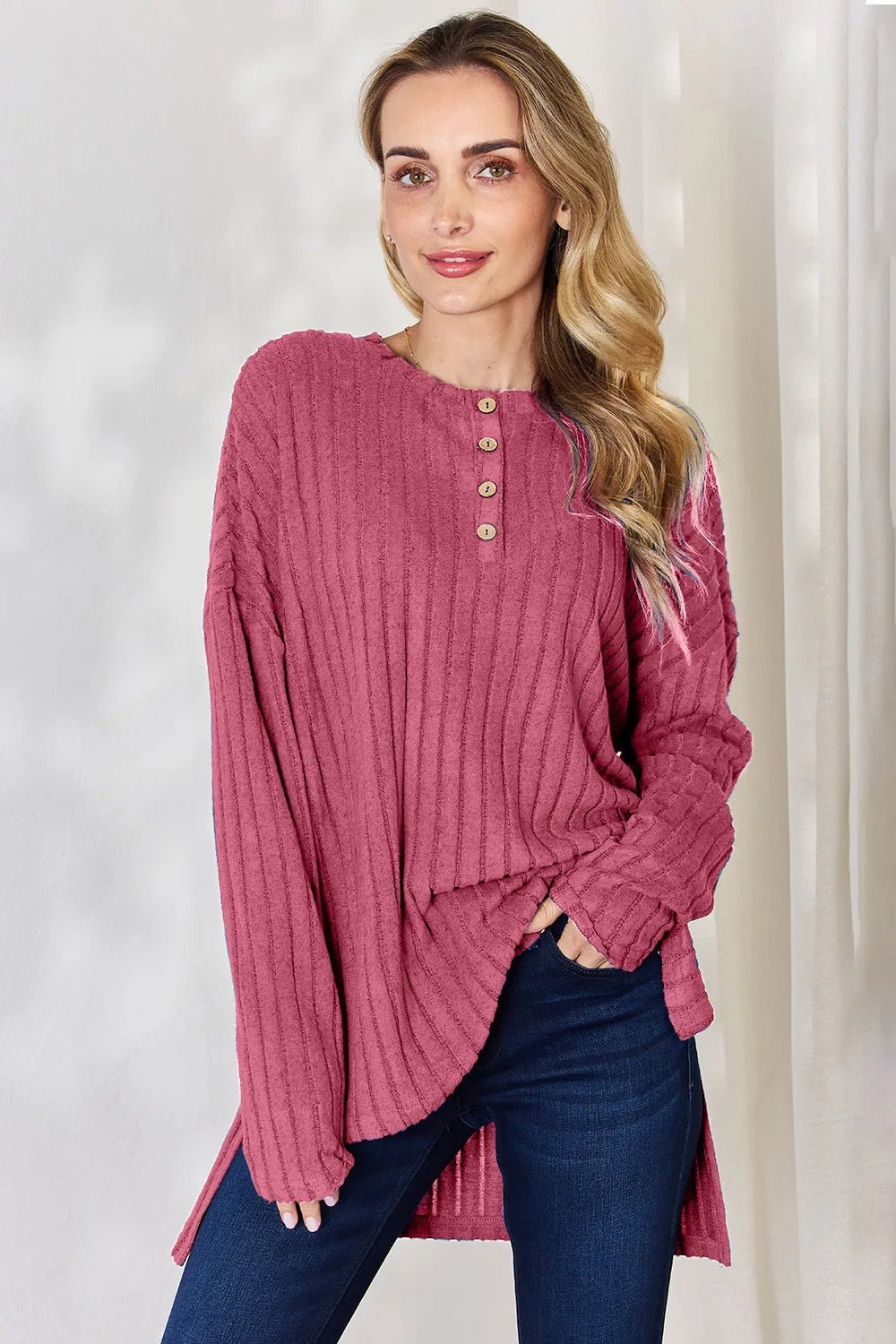 Basic Bae Full Size Ribbed Half Button Long Sleeve High-Low T-Shirt by Trendsi
