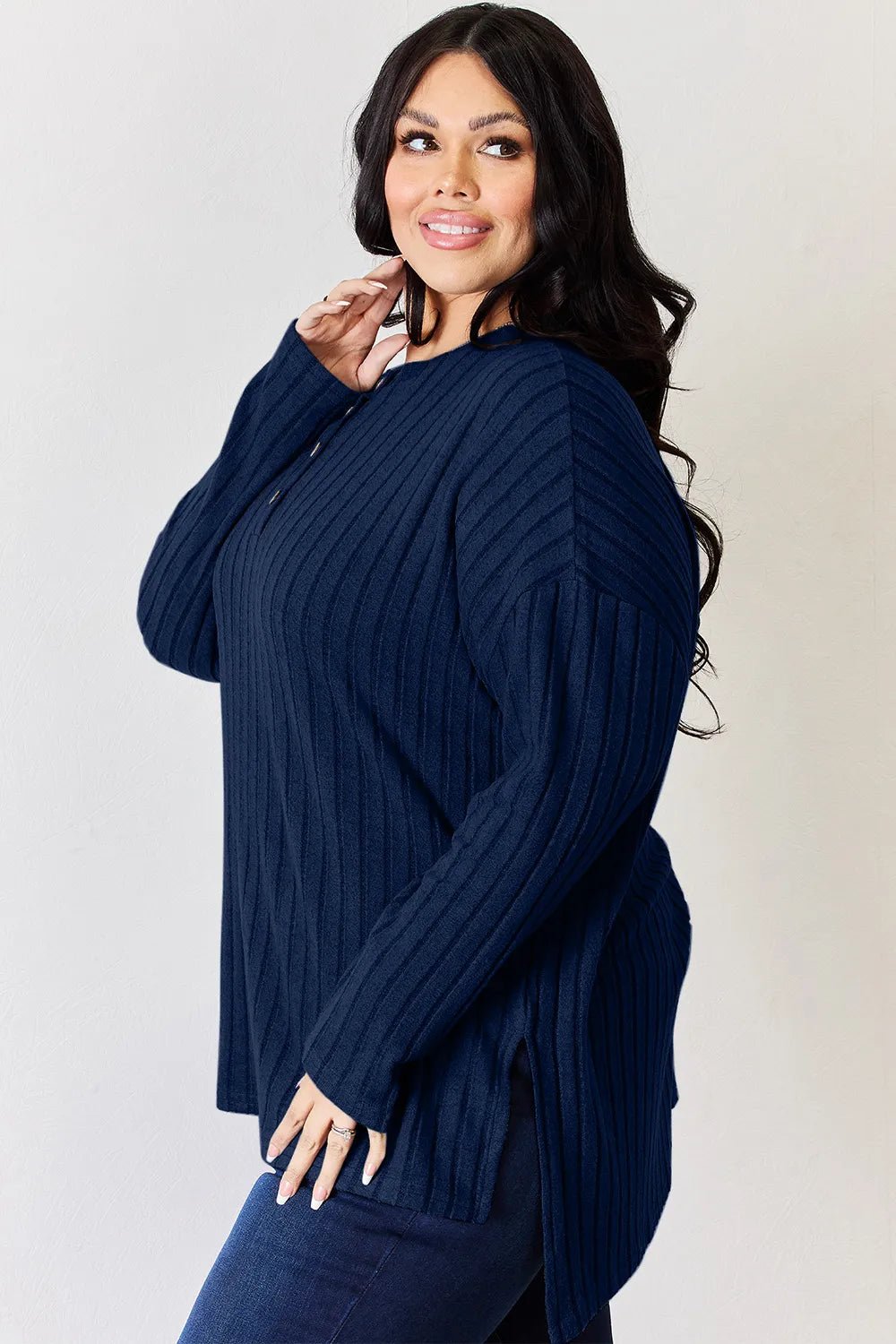 Basic Bae Full Size Ribbed Half Button Long Sleeve High-Low T-Shirt by Trendsi