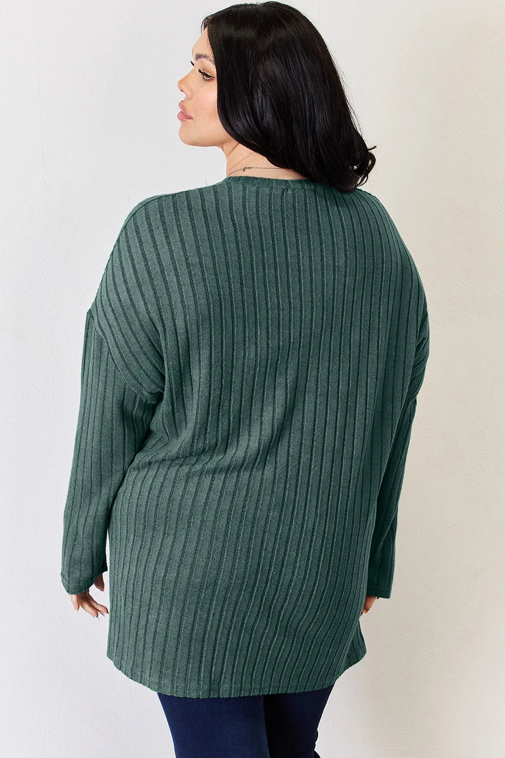 Basic Bae Full Size Ribbed Half Button Long Sleeve High-Low T-Shirt by Trendsi