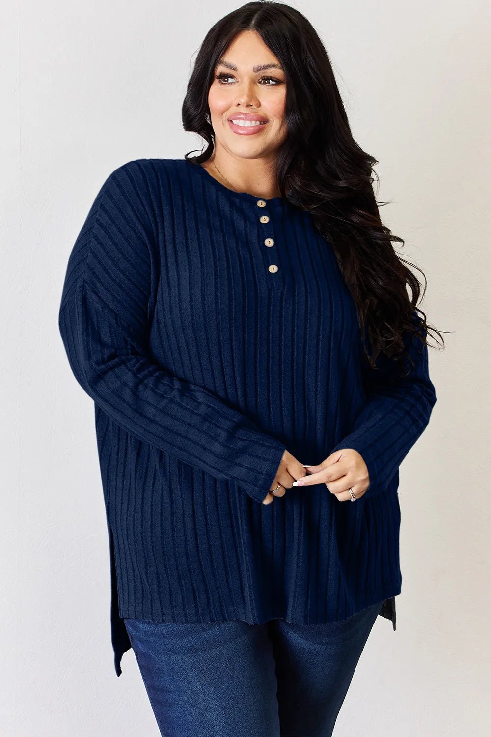 Basic Bae Full Size Ribbed Half Button Long Sleeve High-Low T-Shirt by Trendsi