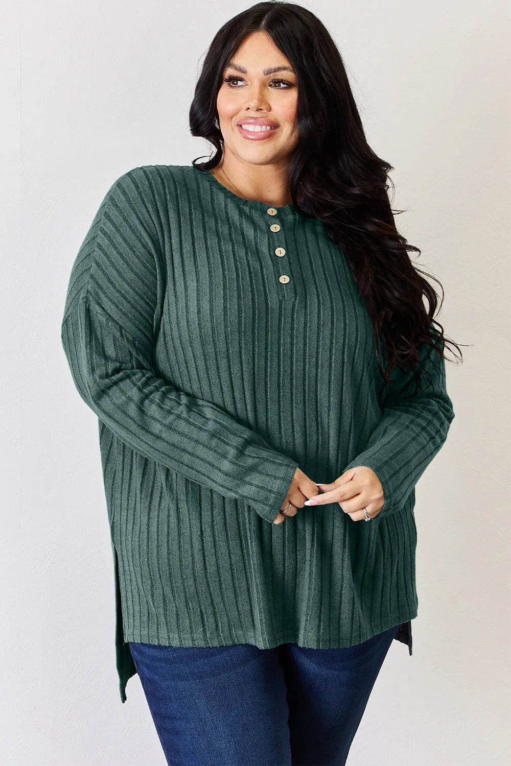 Basic Bae Full Size Ribbed Half Button Long Sleeve High-Low T-Shirt by Trendsi