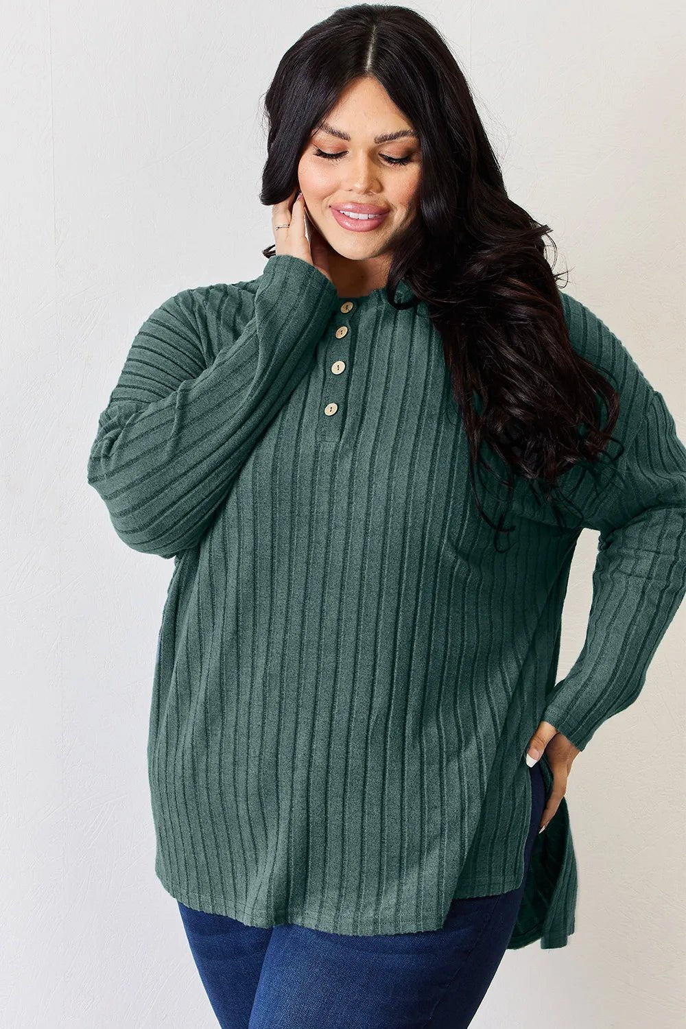 Basic Bae Full Size Ribbed Half Button Long Sleeve High-Low T-Shirt by Trendsi