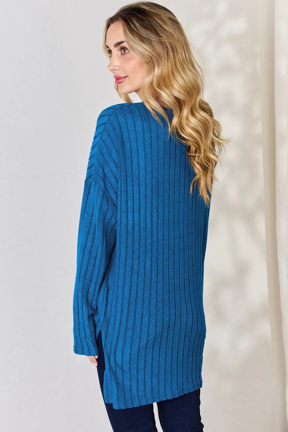 Basic Bae Full Size Ribbed Half Button Long Sleeve High-Low T-Shirt by Trendsi