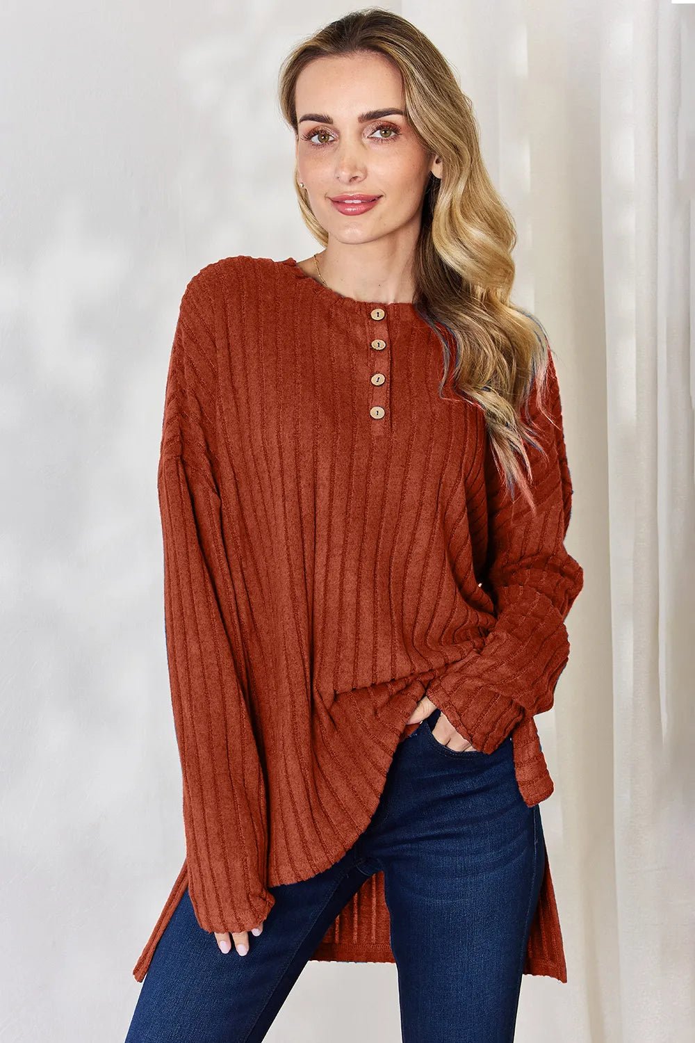 Basic Bae Full Size Ribbed Half Button Long Sleeve High-Low T-Shirt by Trendsi