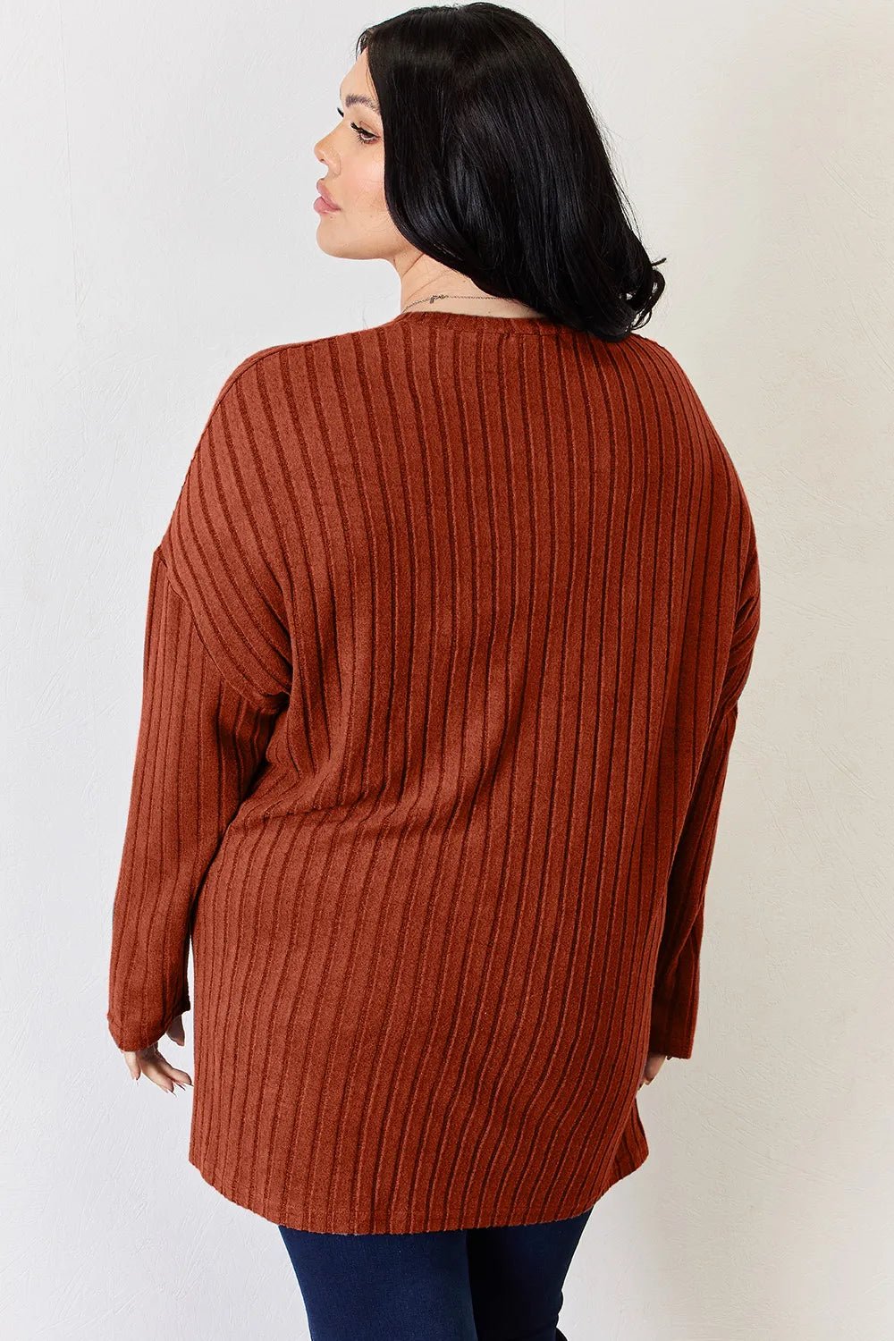 Basic Bae Full Size Ribbed Half Button Long Sleeve High-Low T-Shirt by Trendsi