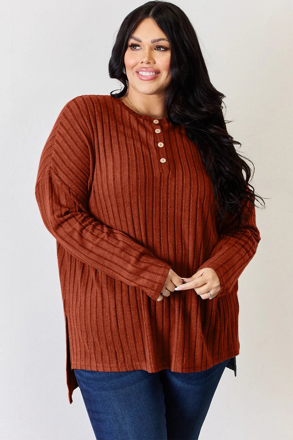Basic Bae Full Size Ribbed Half Button Long Sleeve High-Low T-Shirt by Trendsi