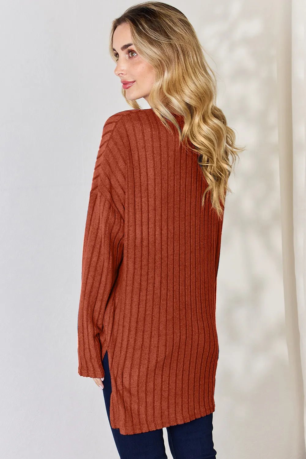 Basic Bae Full Size Ribbed Half Button Long Sleeve High-Low T-Shirt by Trendsi