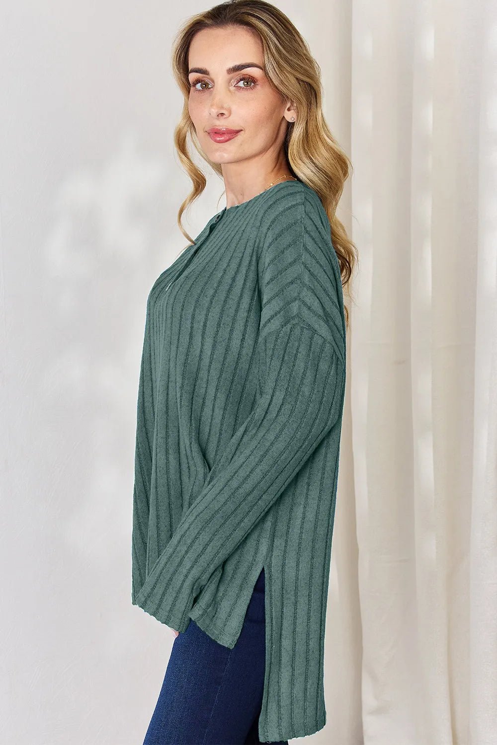 Basic Bae Full Size Ribbed Half Button Long Sleeve High-Low T-Shirt by Trendsi