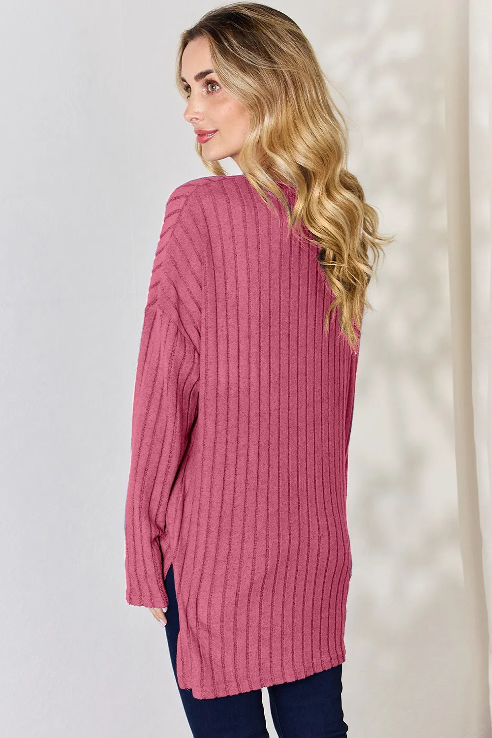 Basic Bae Full Size Ribbed Half Button Long Sleeve High-Low T-Shirt by Trendsi