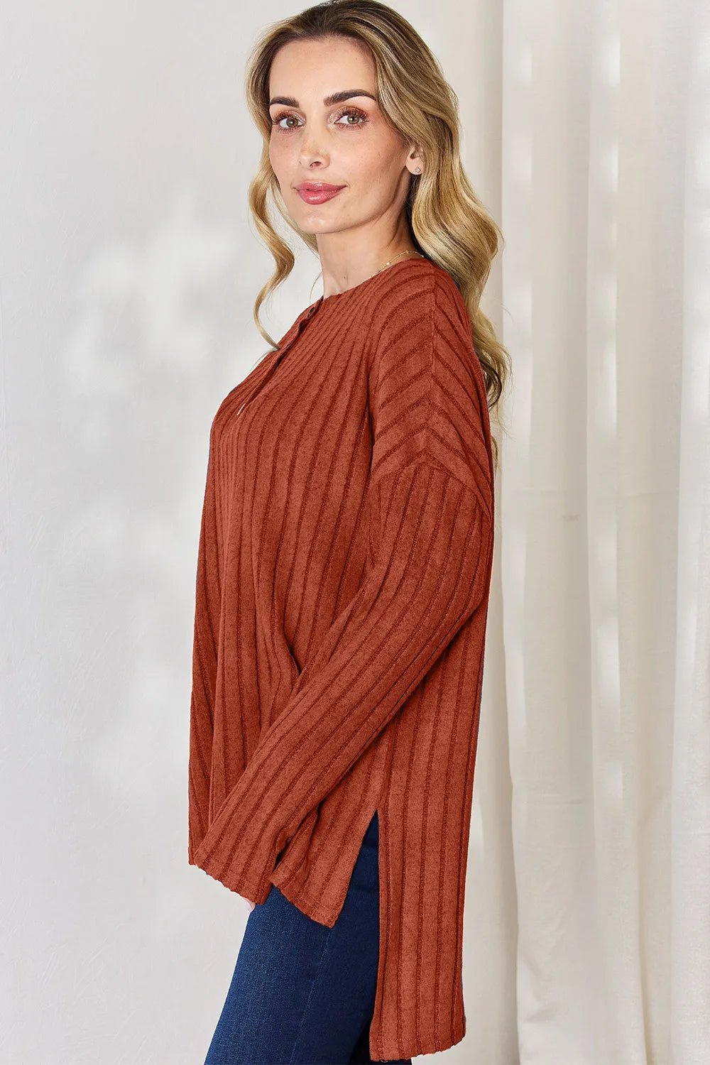 Basic Bae Full Size Ribbed Half Button Long Sleeve High-Low T-Shirt by Trendsi