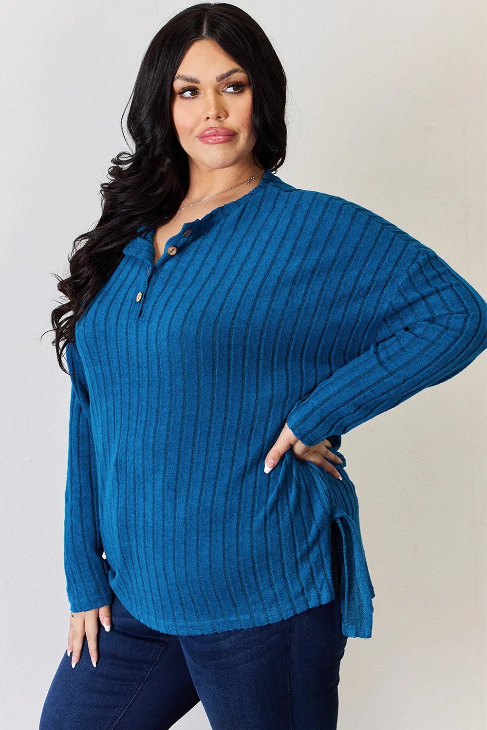 Basic Bae Full Size Ribbed Half Button Long Sleeve High-Low T-Shirt by Trendsi