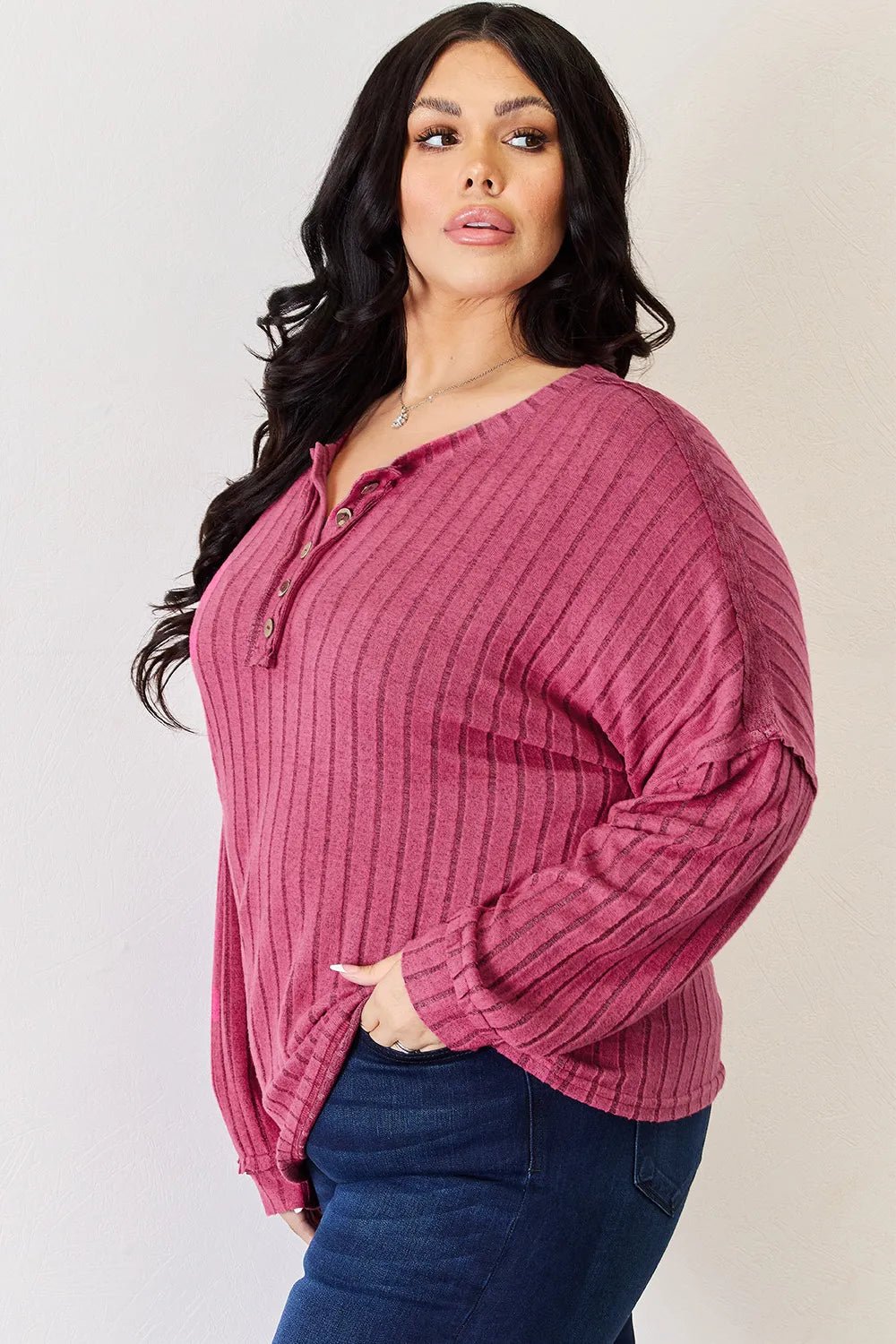 Basic Bae Full Size Ribbed Half Button Long Sleeve High-Low T-Shirt by Trendsi