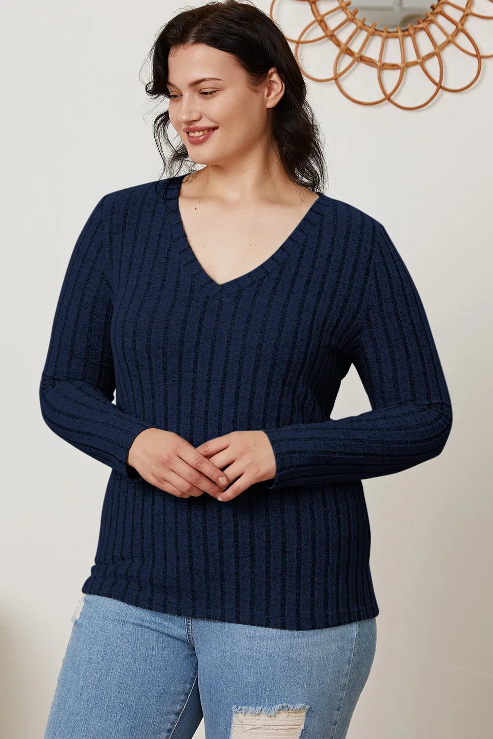 Basic Bae Full Size Ribbed V-Neck Long Sleeve T-Shirt by Trendsi
