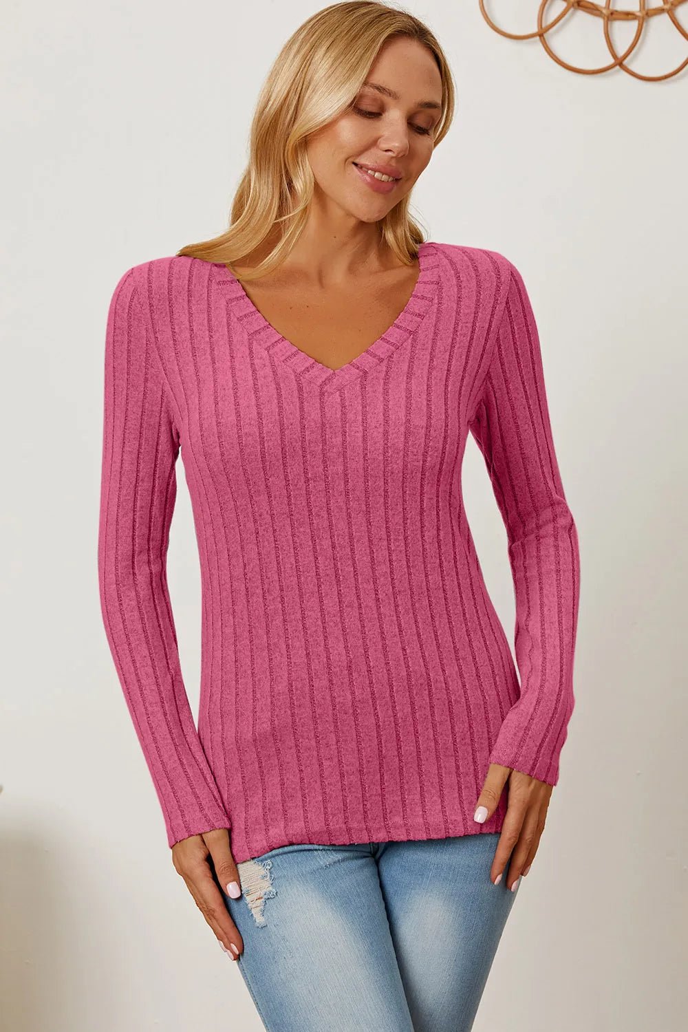 Basic Bae Full Size Ribbed V-Neck Long Sleeve T-Shirt by Trendsi