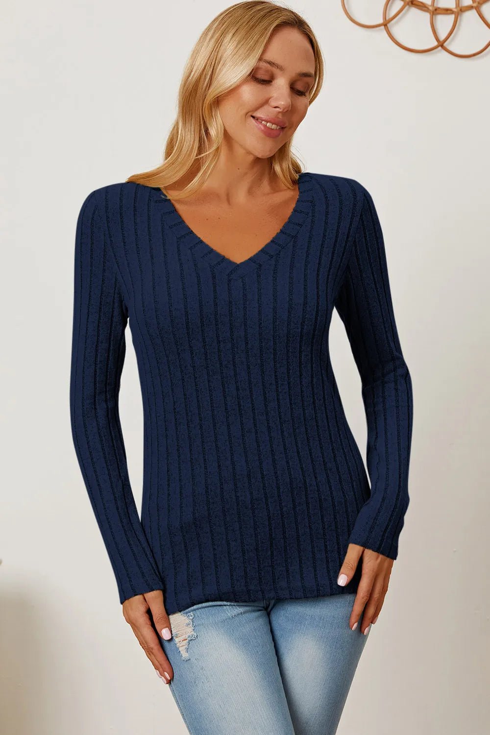 Basic Bae Full Size Ribbed V - Neck Long Sleeve T-Shirt - Grace & Grit Boutique