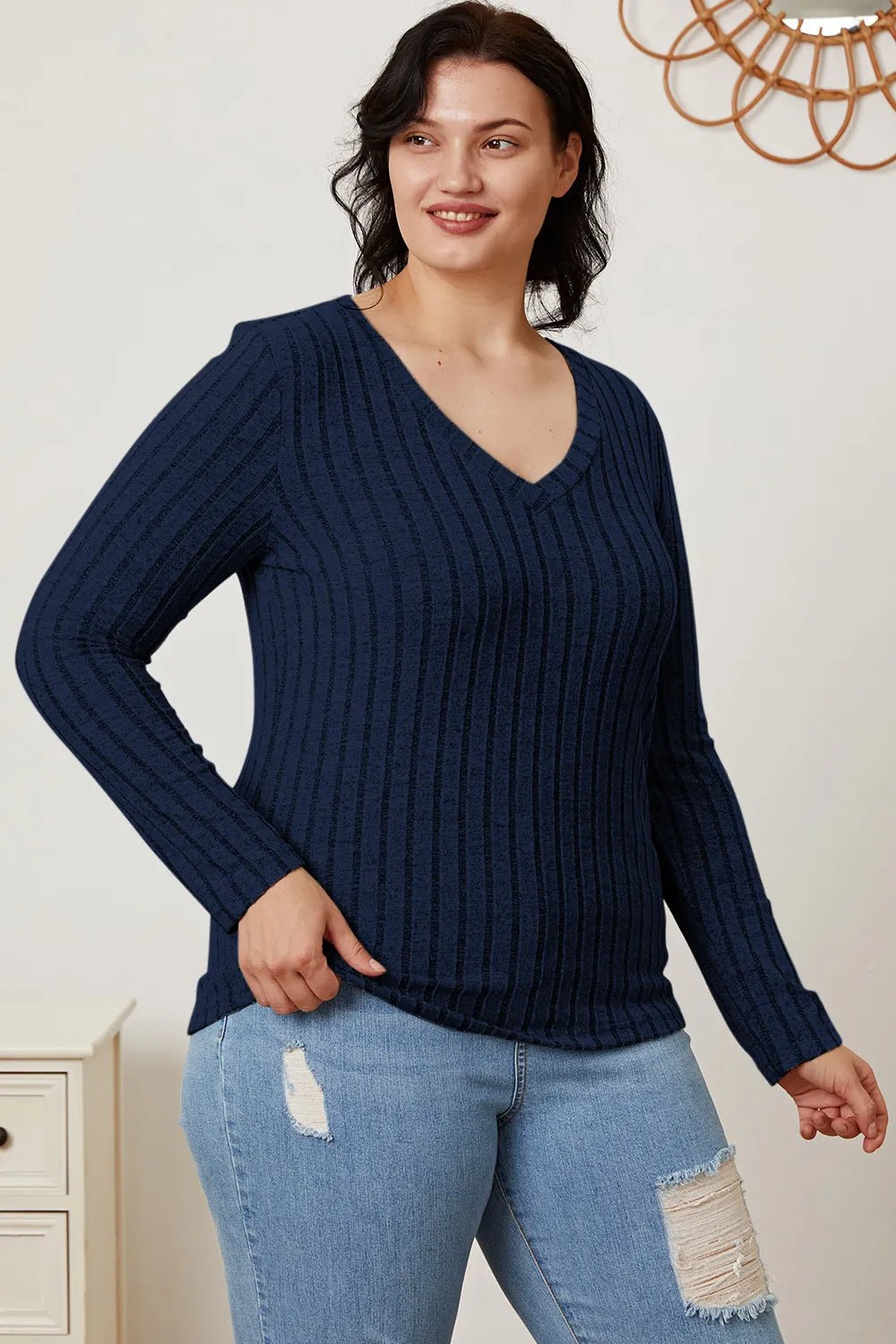 Basic Bae Full Size Ribbed V-Neck Long Sleeve T-Shirt by Trendsi