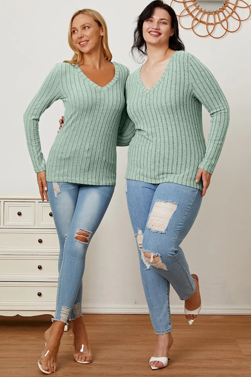 Basic Bae Full Size Ribbed V - Neck Long Sleeve T-Shirt - Grace & Grit Boutique