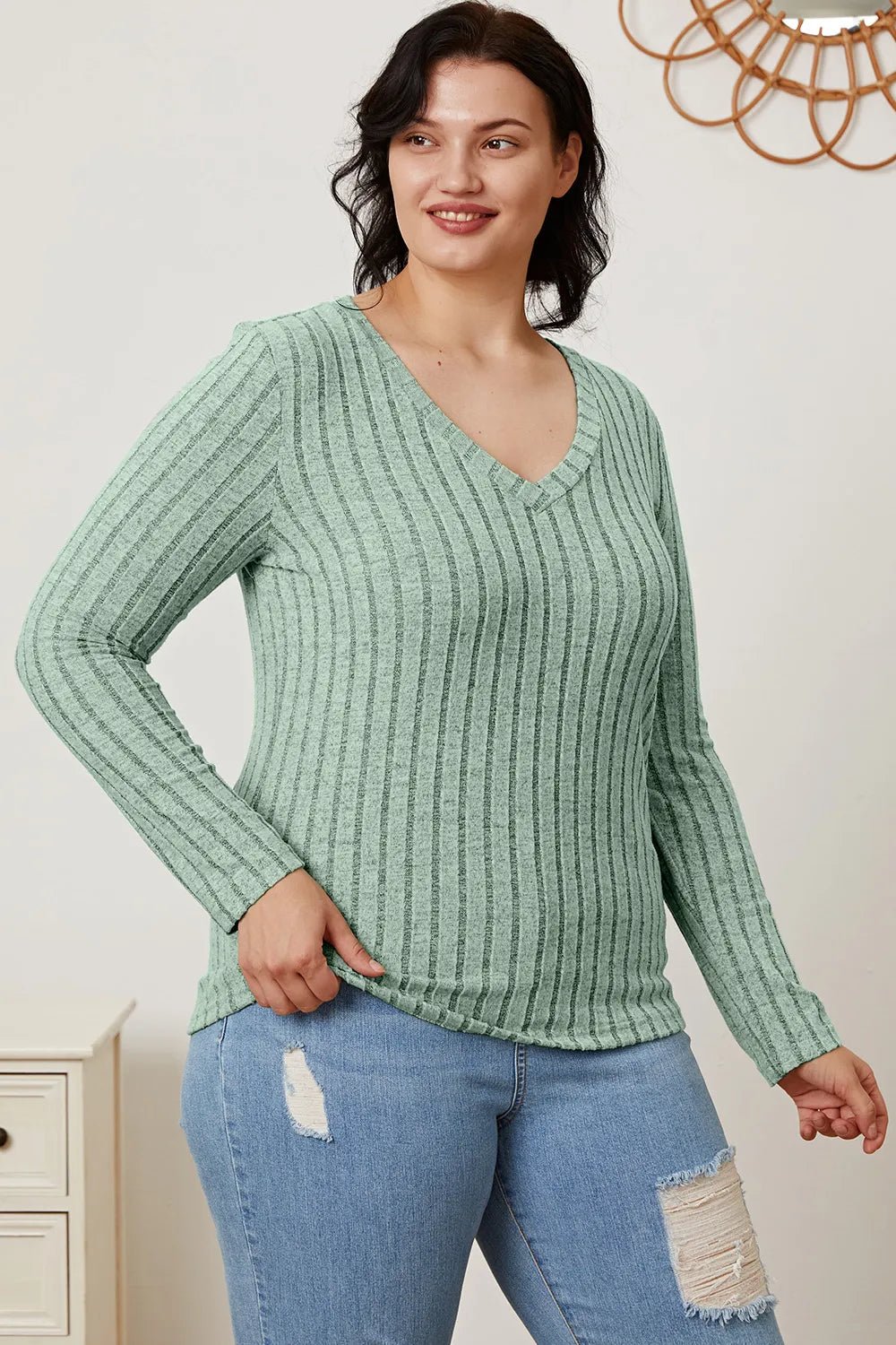 Basic Bae Full Size Ribbed V - Neck Long Sleeve T-Shirt - Grace & Grit Boutique