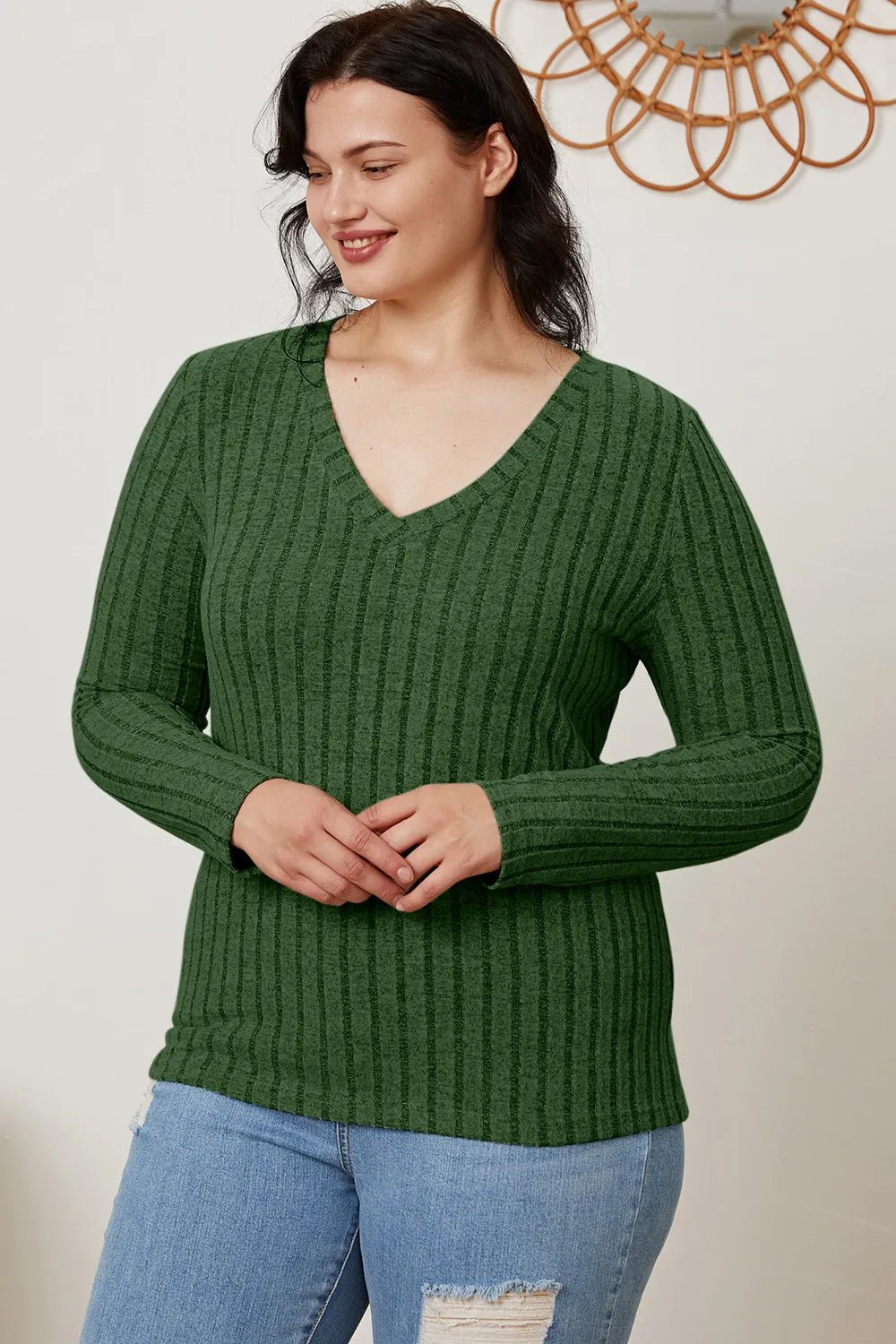 Basic Bae Full Size Ribbed V-Neck Long Sleeve T-Shirt by Trendsi