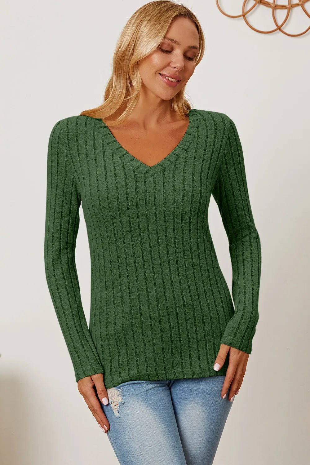 Basic Bae Full Size Ribbed V-Neck Long Sleeve T-Shirt by Trendsi