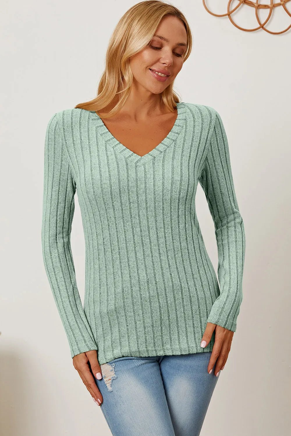 Basic Bae Full Size Ribbed V - Neck Long Sleeve T-Shirt - Grace & Grit Boutique