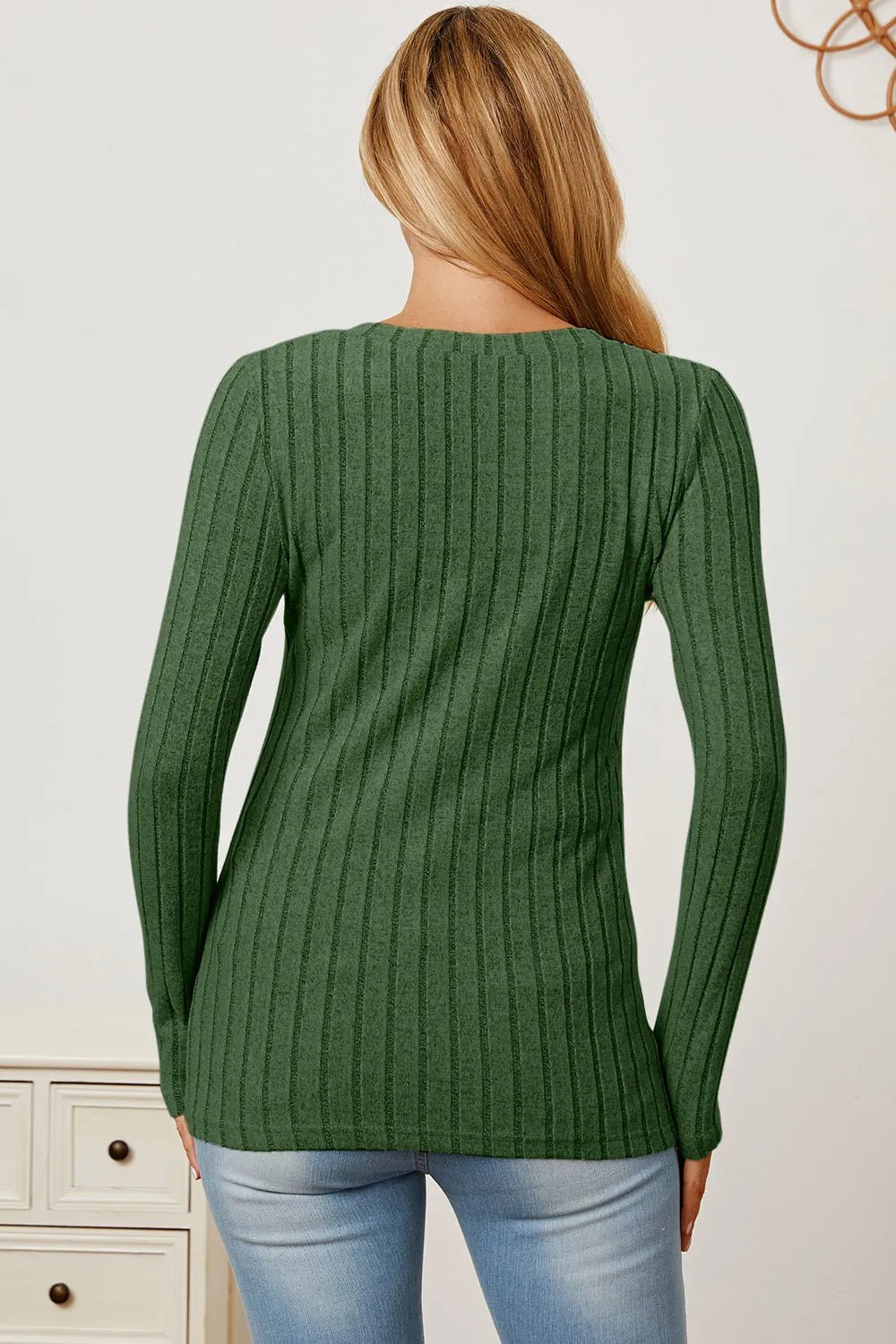 Basic Bae Full Size Ribbed V-Neck Long Sleeve T-Shirt by Trendsi