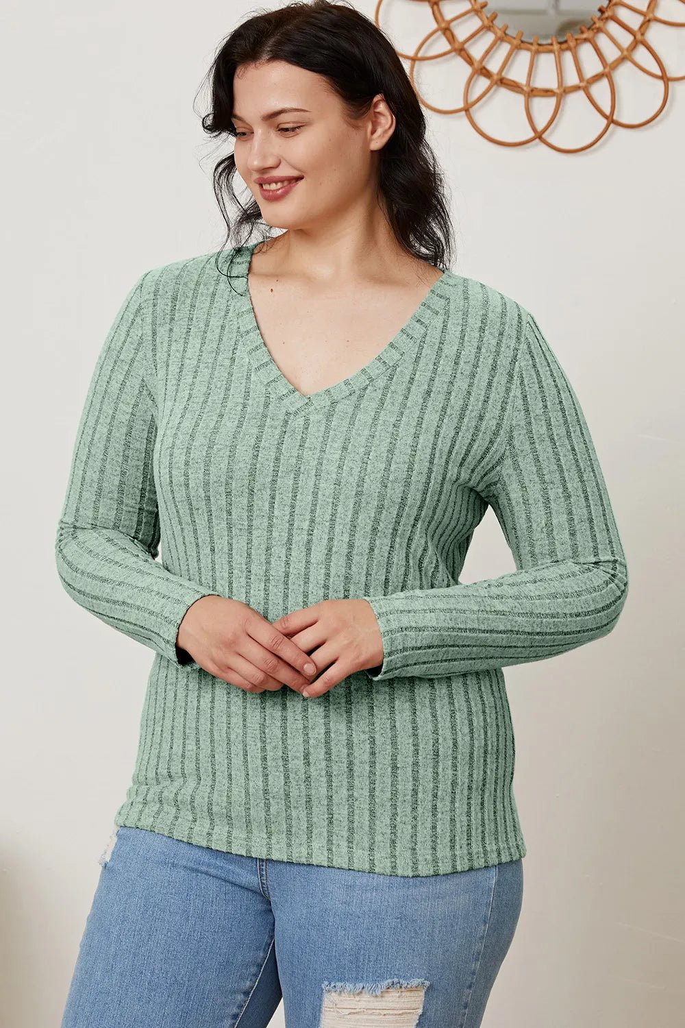 Basic Bae Full Size Ribbed V - Neck Long Sleeve T-Shirt - Grace & Grit Boutique