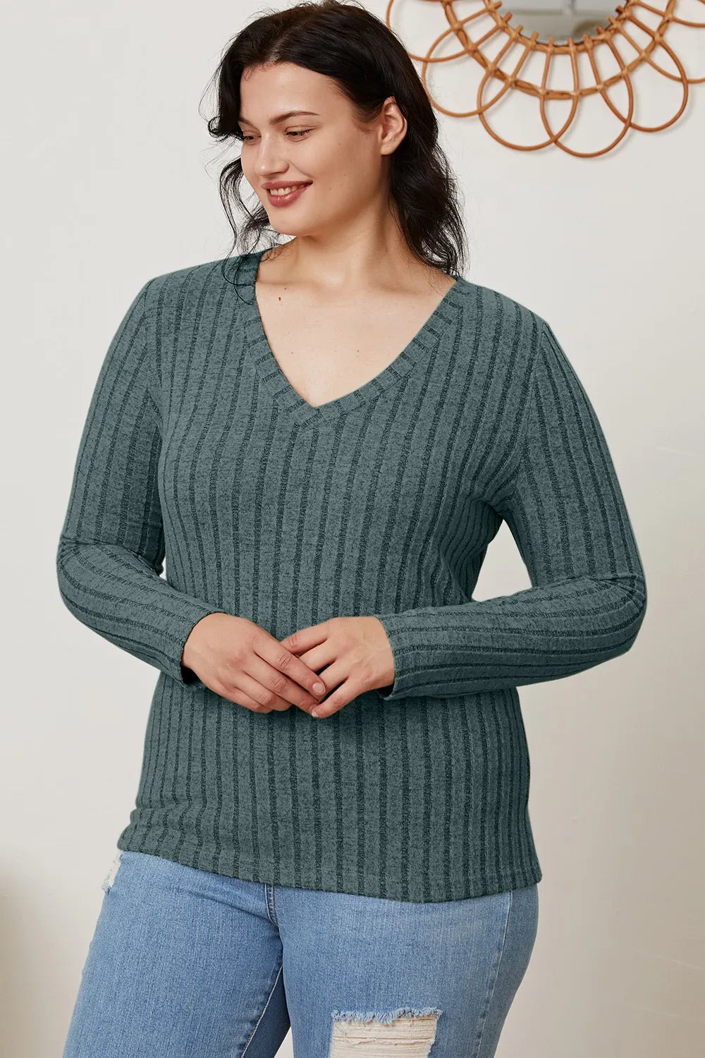 Basic Bae Full Size Ribbed V - Neck Long Sleeve T-Shirt - Grace & Grit Boutique