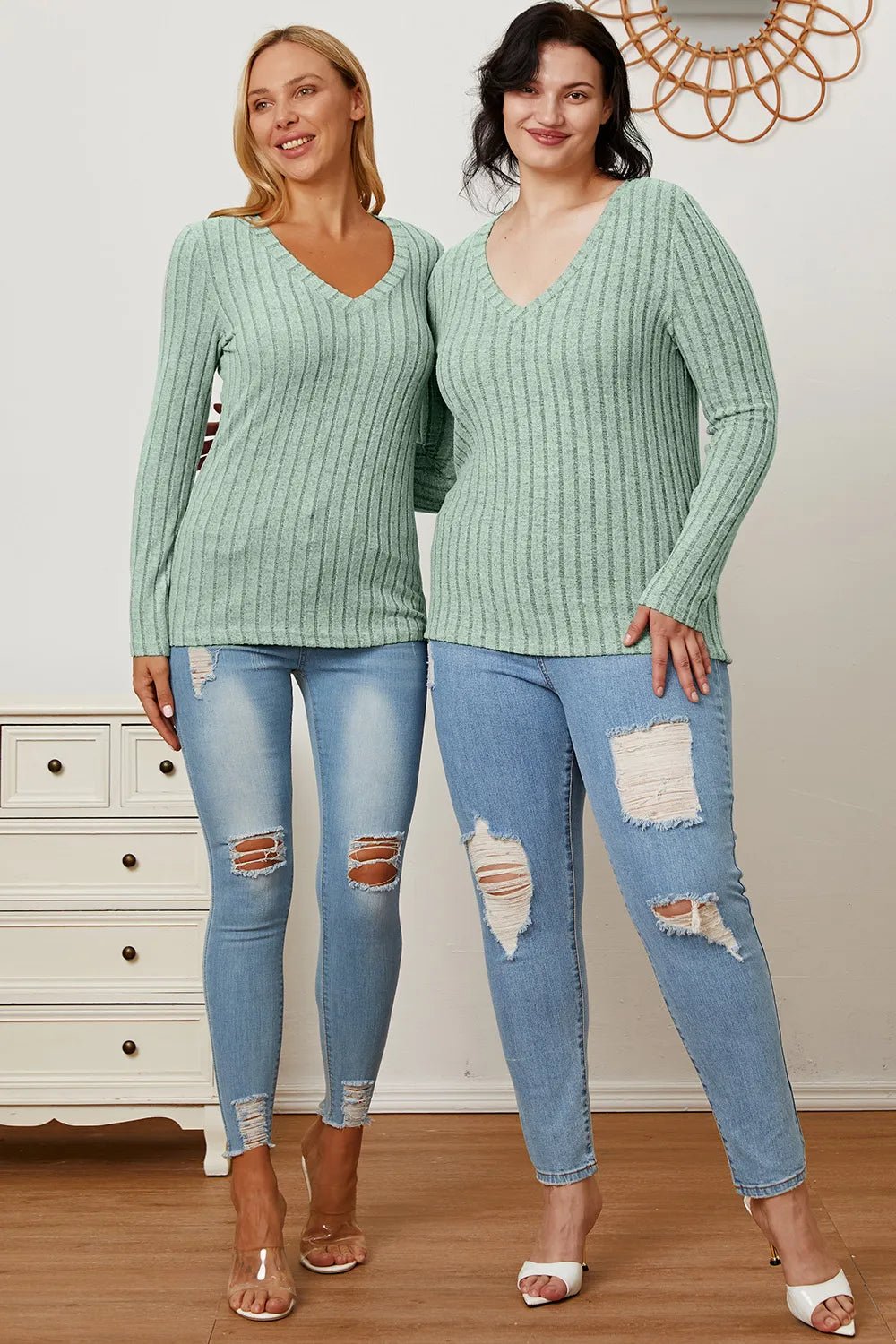 Basic Bae Full Size Ribbed V - Neck Long Sleeve T-Shirt - Grace & Grit Boutique