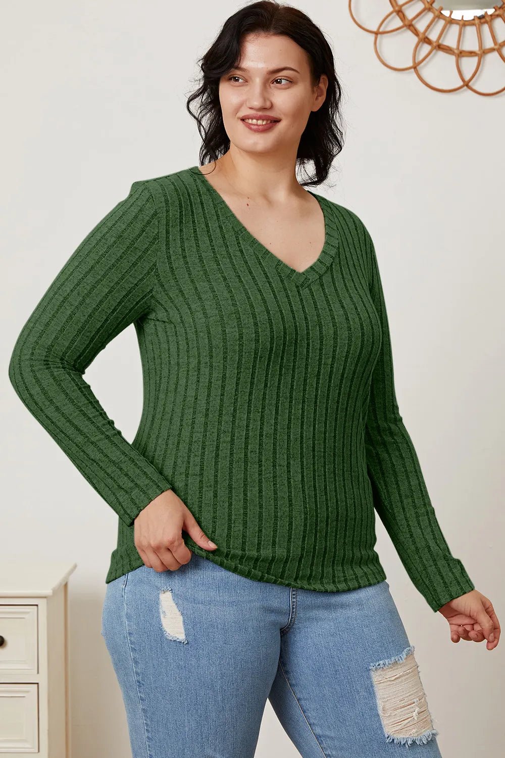 Basic Bae Full Size Ribbed V-Neck Long Sleeve T-Shirt by Trendsi
