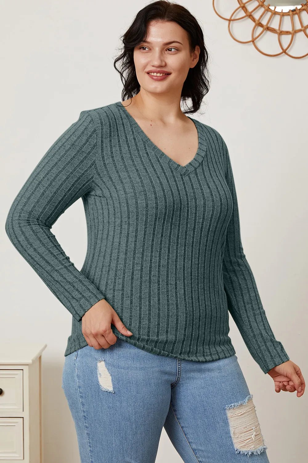 Basic Bae Full Size Ribbed V - Neck Long Sleeve T-Shirt - Grace & Grit Boutique