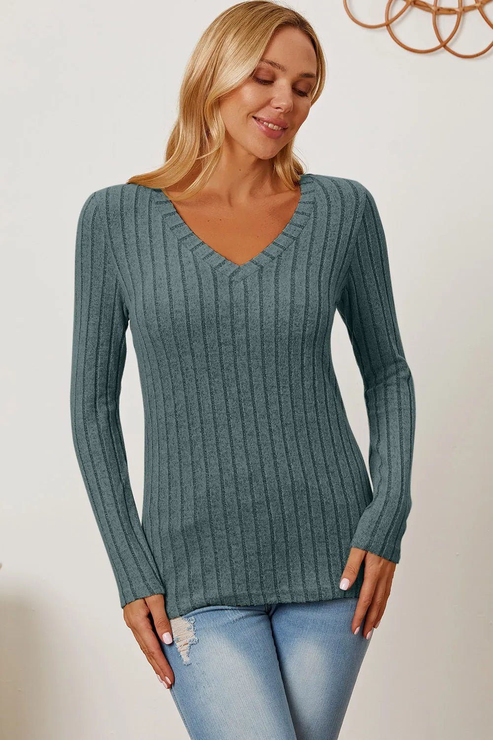 Basic Bae Full Size Ribbed V - Neck Long Sleeve T-Shirt - Grace & Grit Boutique