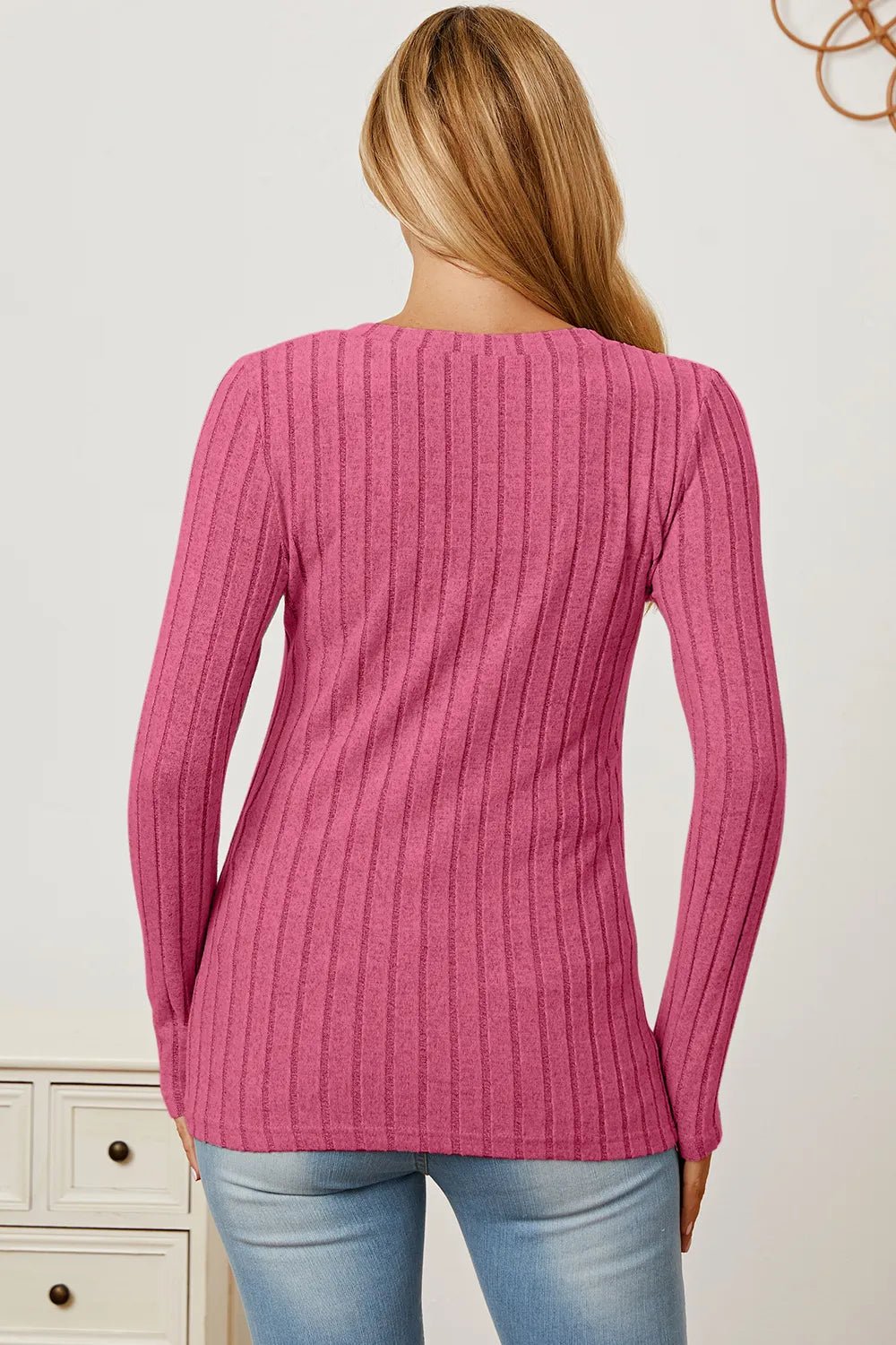 Basic Bae Full Size Ribbed V-Neck Long Sleeve T-Shirt by Trendsi
