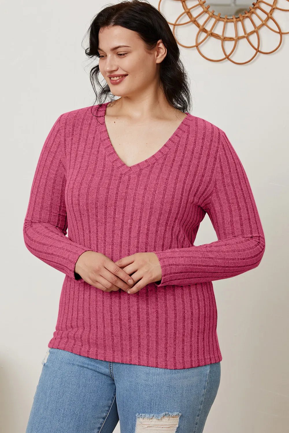 Basic Bae Full Size Ribbed V-Neck Long Sleeve T-Shirt by Trendsi