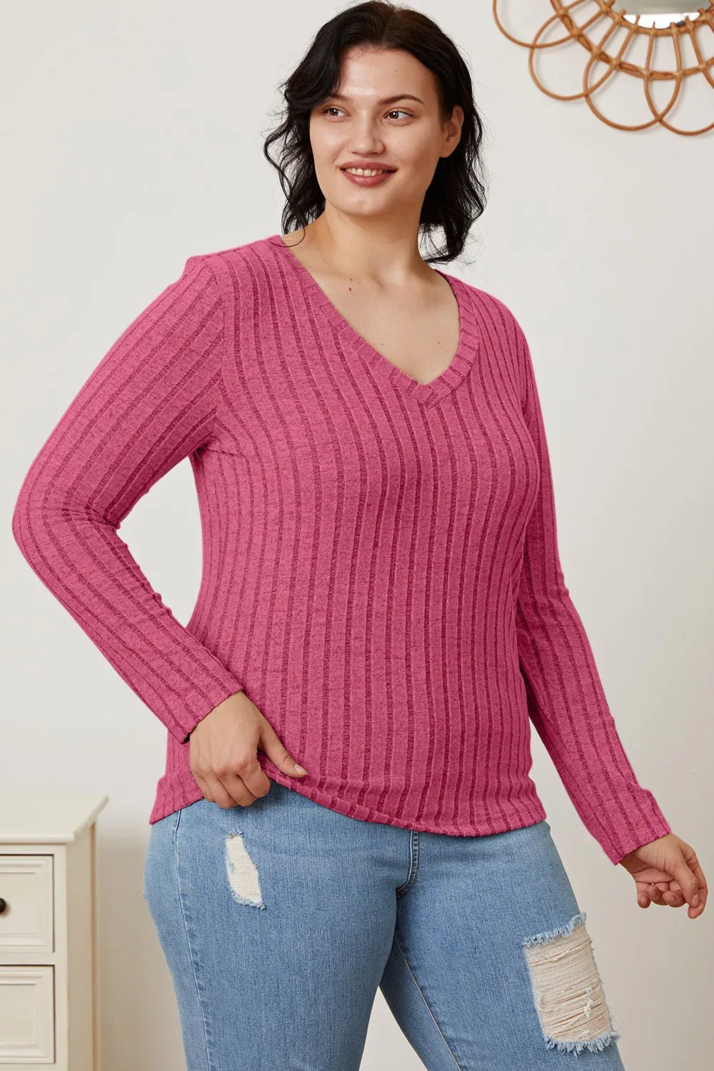 Basic Bae Full Size Ribbed V-Neck Long Sleeve T-Shirt by Trendsi